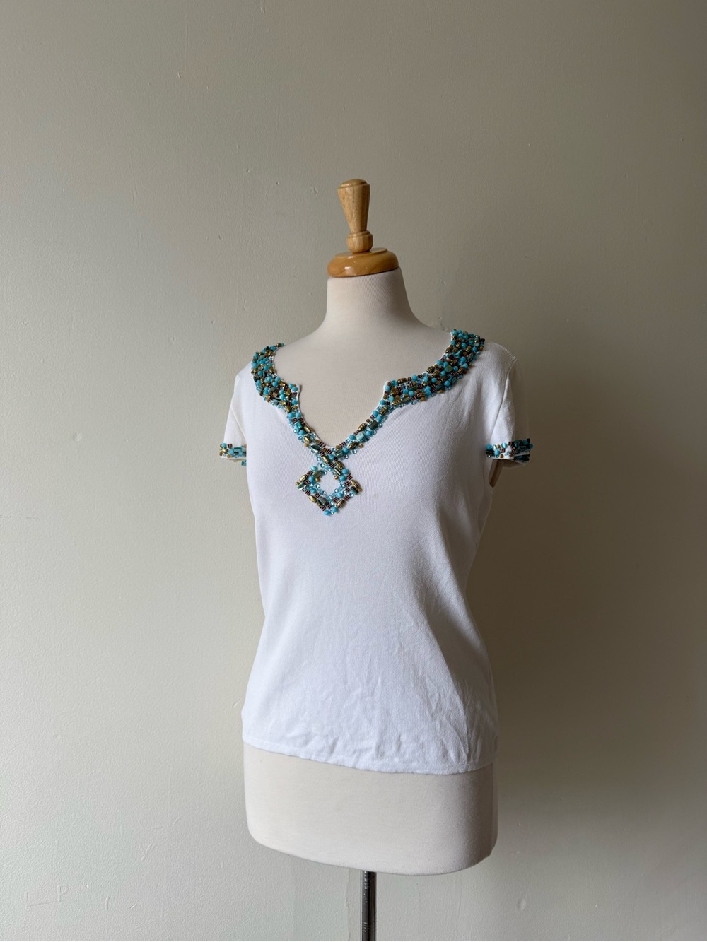 Bella Beaded Boho Knit Top White Turquoise Embellished